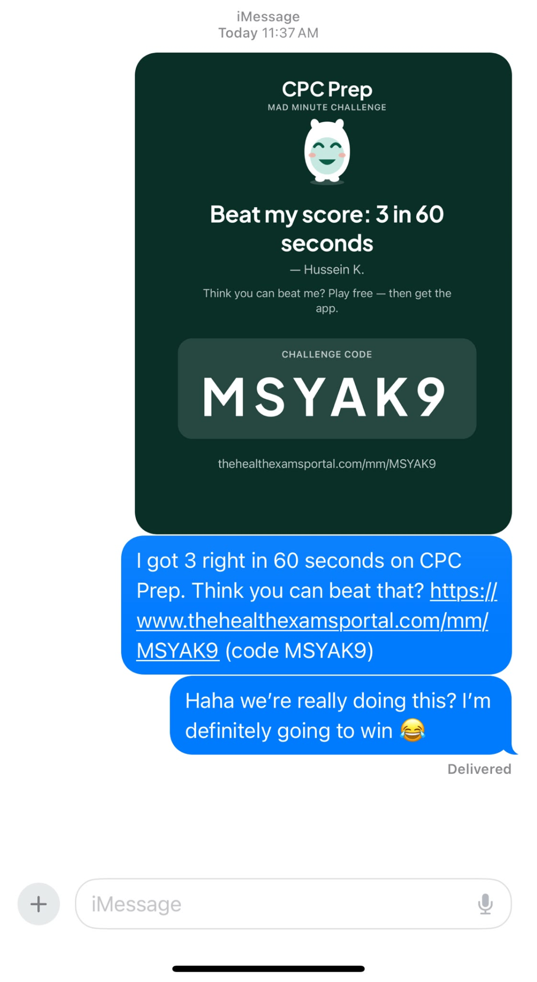 Mad Minute — shared iMessage challenge with a friend